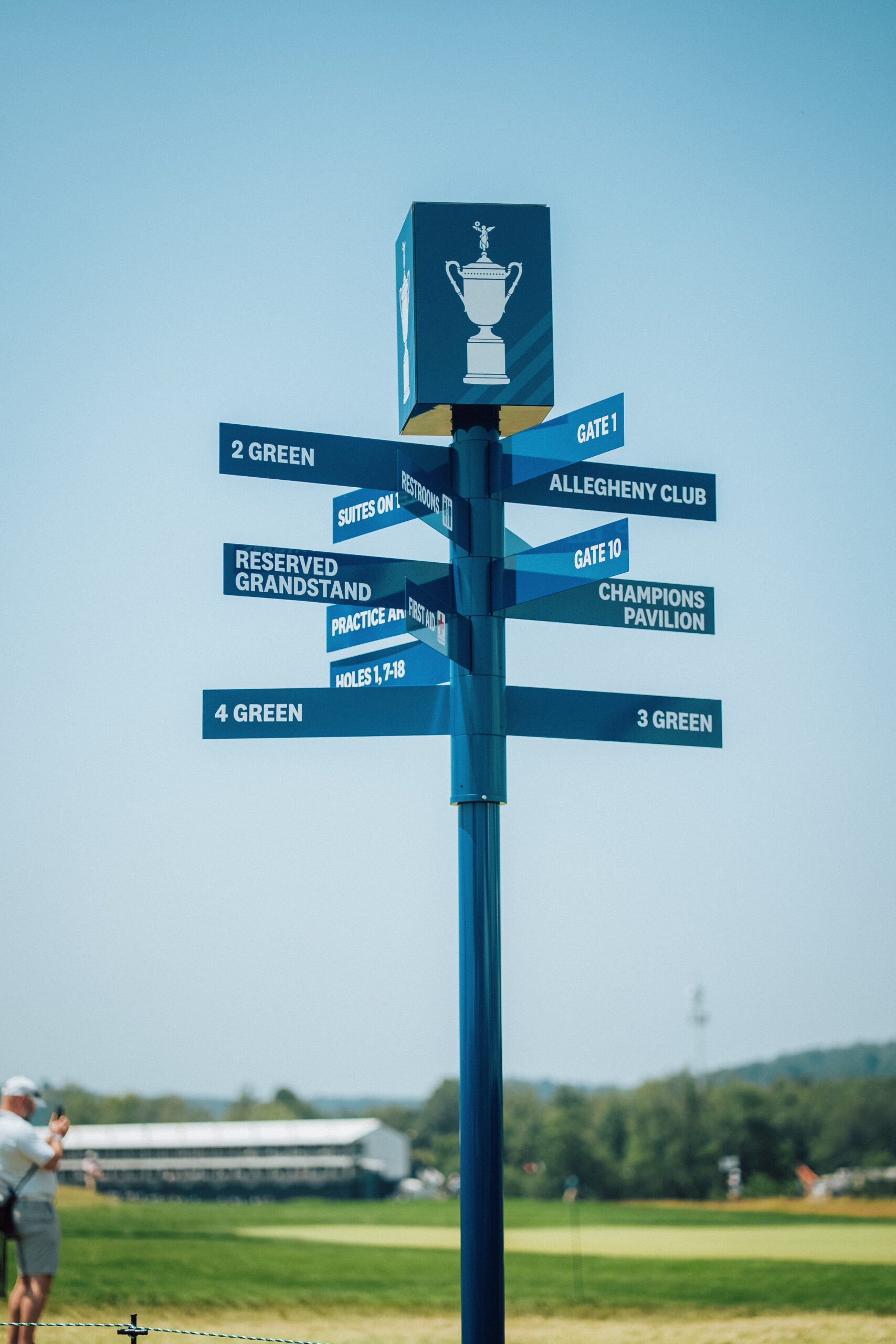 a directional sign at the US Open Championship